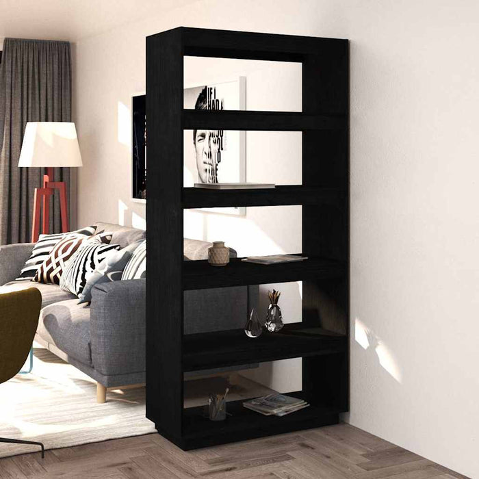 Bibliotecă/Separator cameră, negru, 80x35x167 cm lemn masiv pin WALTI