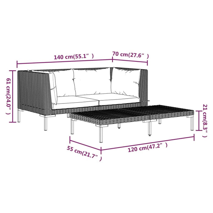 Set mobilier grădină 3 piese, gri închis, poliratan semi-rotund - WALTI WALTI