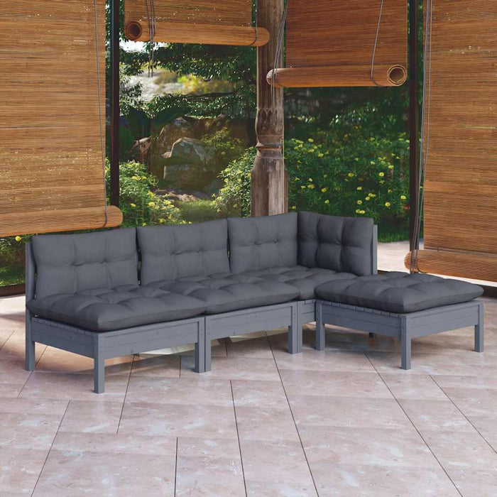 Set mobilier de grădină cu perne, 4 piese, gri, lemn masiv pin WALTI
