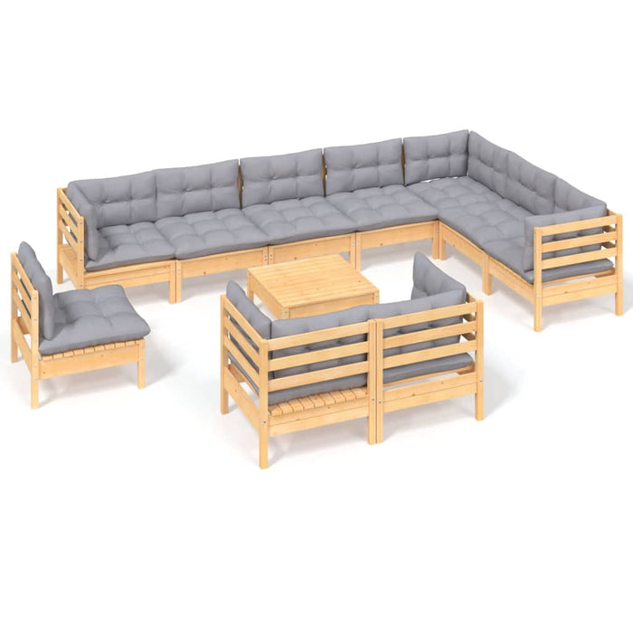 Set mobilier de grădină cu perne, 11 piese, gri, lemn masiv pin WALTI