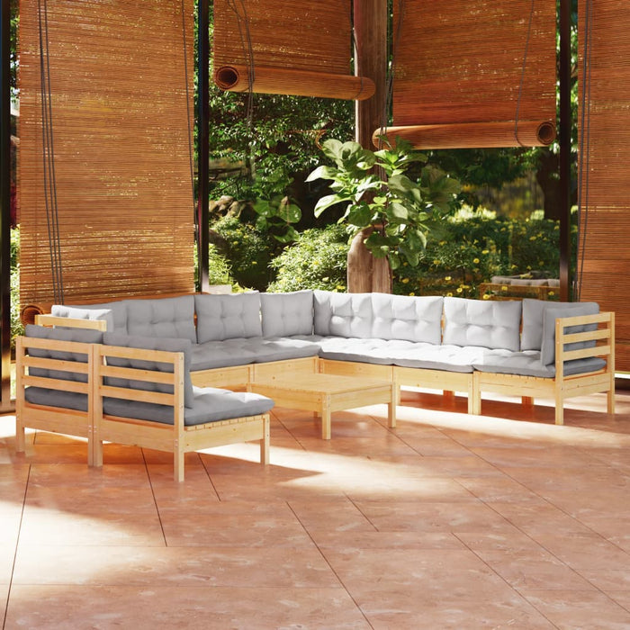Set mobilier grădină cu perne, 10 piese, gri, lemn masiv pin - WALTI WALTI