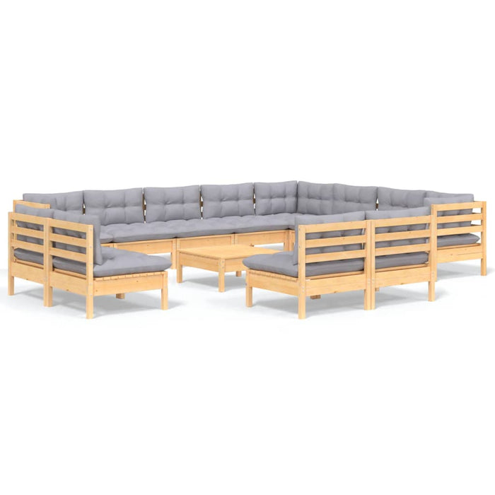 Set mobilier grădină cu perne, 13 piese, gri, lemn masiv pin WALTI