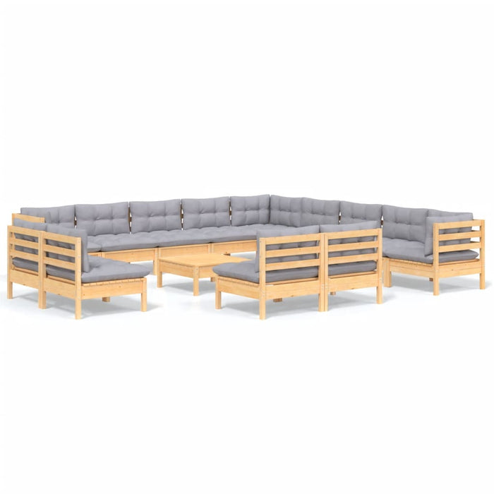 Set mobilier grădină cu perne, 14 piese, gri, lemn masiv pin WALTI