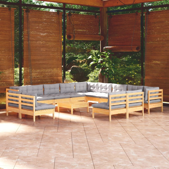 Set mobilier grădină cu perne, 14 piese, gri, lemn masiv pin WALTI