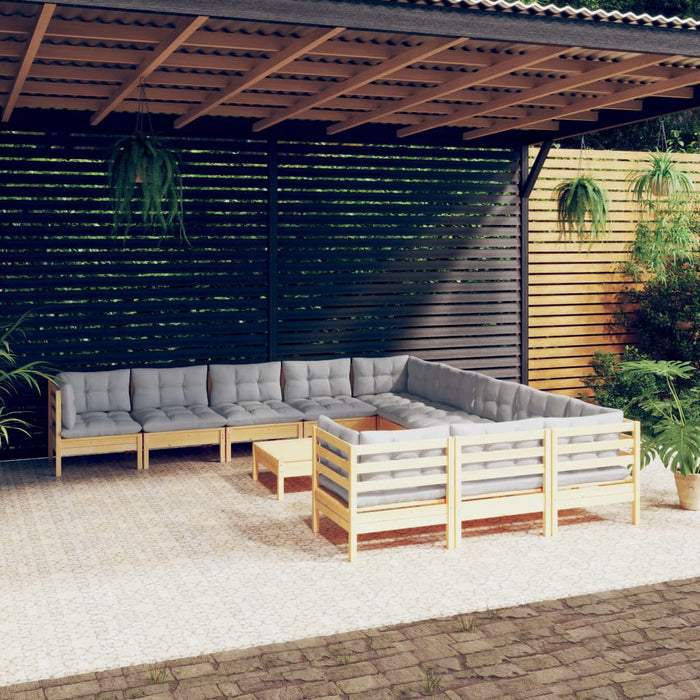 Set mobilier de grădină cu perne, 12 piese, gri, lemn masiv pin - WALTI WALTI