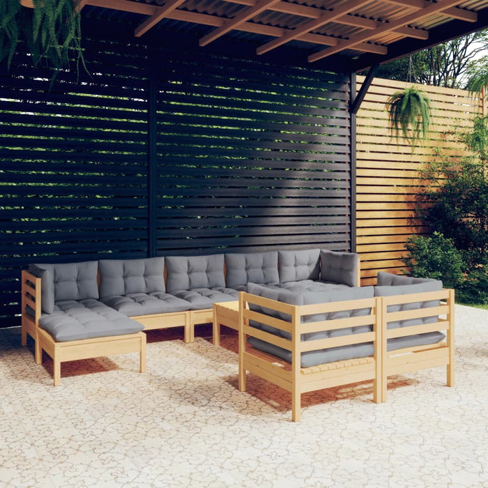 Set mobilier grădină cu perne, 10 piese, gri, lemn masiv pin - WALTI WALTI