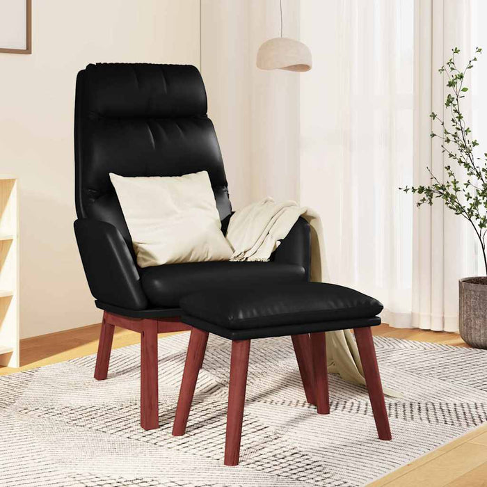 Scaun relaxare cu taburet negru piele naturală/piele ecologică WALTI