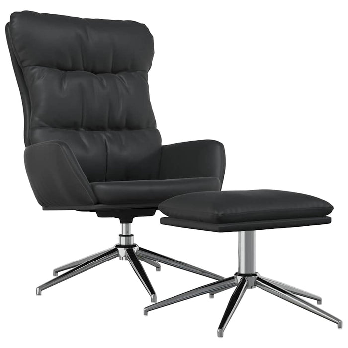 Scaun relaxare cu taburet negru piele naturală/piele ecologică WALTI