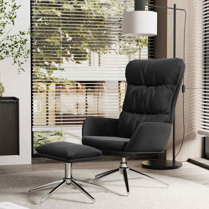 Scaun relaxare cu taburet negru piele naturală/piele ecologică WALTI