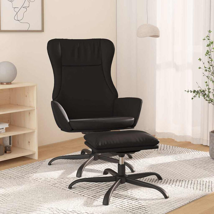 Scaun de relaxare cu taburet, negru lucios, piele ecologică WALTI