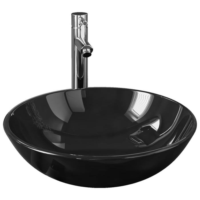 Chiuvetă baie robinet și scurgere tip push, negru sticlă călită - WALTI WALTI