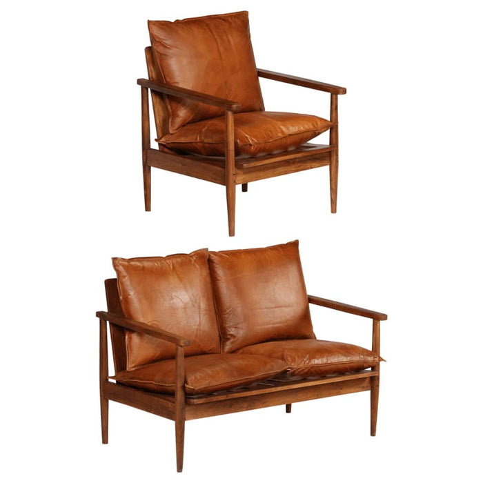 Set canapele, 2 piese, maro, piele naturală/lemn masiv acacia - WALTI WALTI