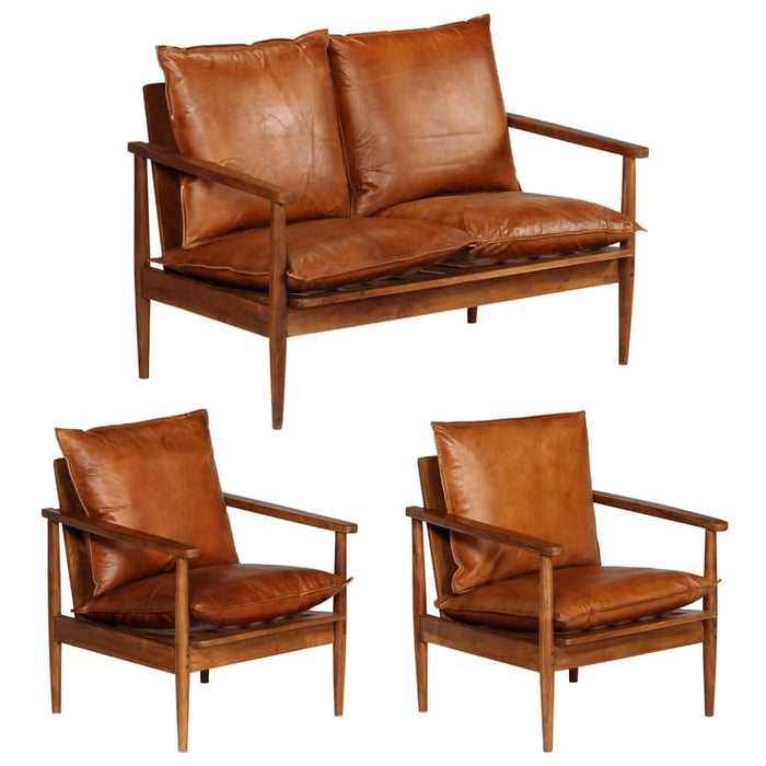 Set canapea, 3 piese, maro, piele naturală/lemn masiv acacia - WALTI WALTI