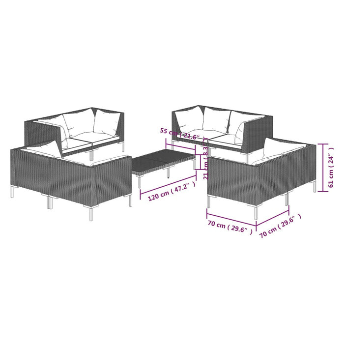 Set mobilier de grădină cu perne, 9 piese, gri închis poliratan WALTI