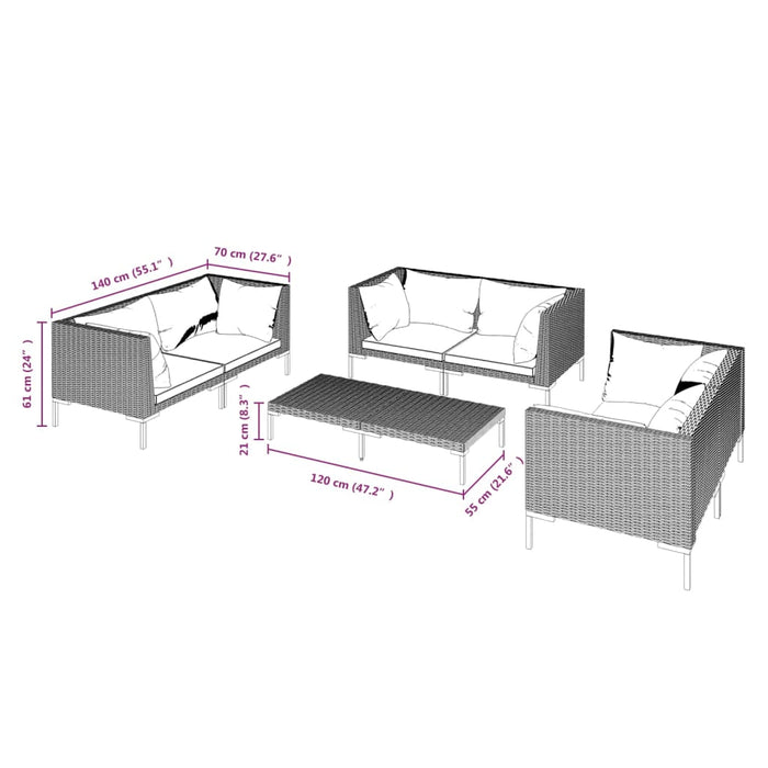 Set mobilier de grădină cu perne,7 piese, gri închis, poliratan - WALTI WALTI