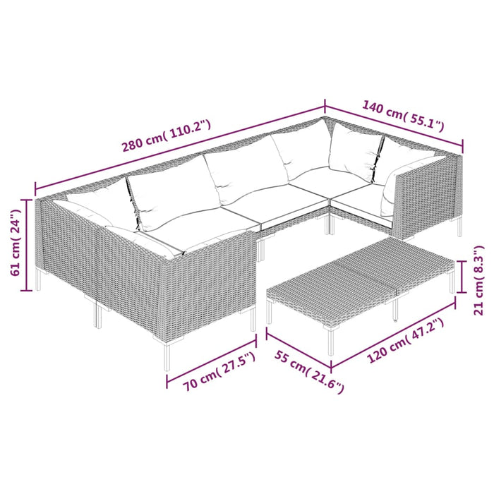 Set mobilier de grădină cu perne, 7 piese,gri închis, poliratan WALTI