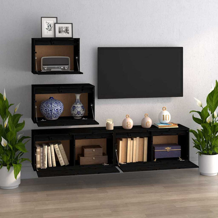 Comode TV, 4 buc., negru, lemn masiv de pin WALTI