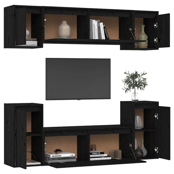 Comode TV, 6 buc., negru, lemn masiv de pin WALTI