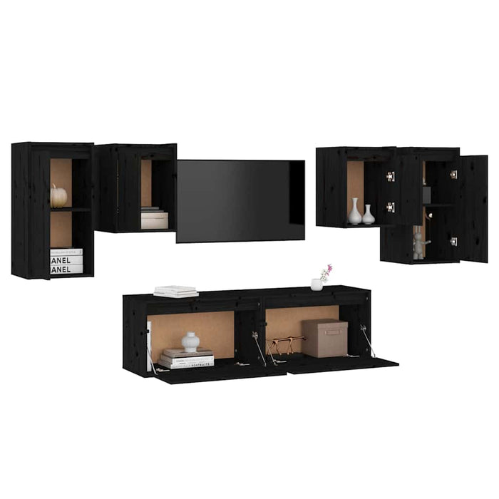 Comode TV, negru, 6 buc., lemn masiv de pin WALTI