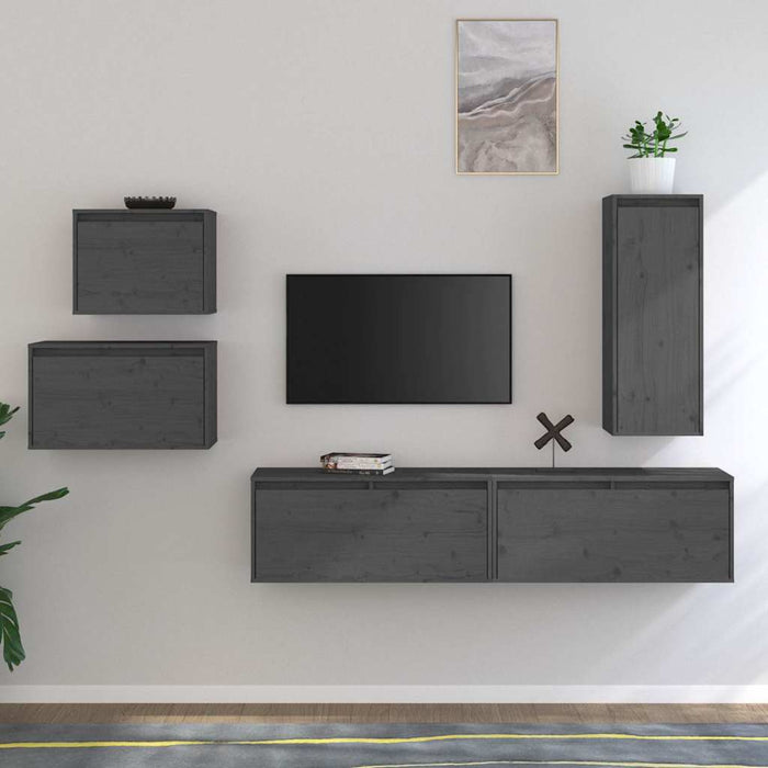 Comode TV, gri, 5 buc., lemn masiv de pin WALTI