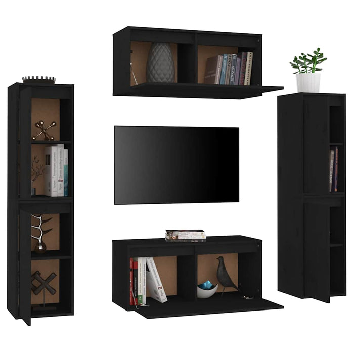 Comode TV, negru, 6 buc., lemn masiv de pin WALTI