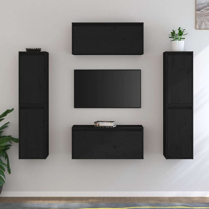 Comode TV, negru, 6 buc., lemn masiv de pin WALTI