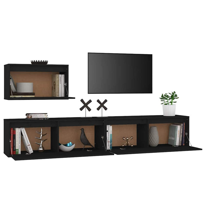 Comode TV, negru, 3 buc., lemn masiv de pin WALTI