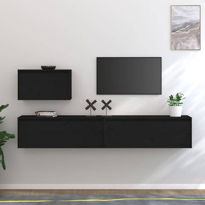 Comode TV, negru, 3 buc., lemn masiv de pin WALTI