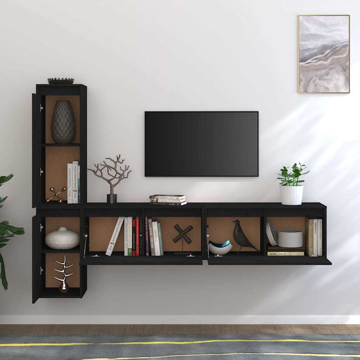 Comode TV, negru, 4 buc., lemn masiv de pin WALTI