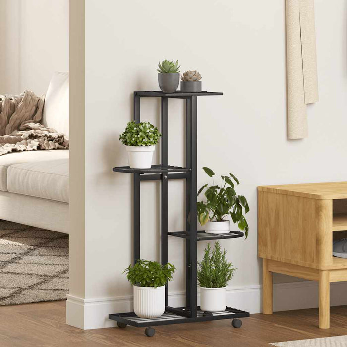 Suport de flori cu 4 etaje, cu roți, negru, 44x23x80 cm, fier - WALTI WALTI