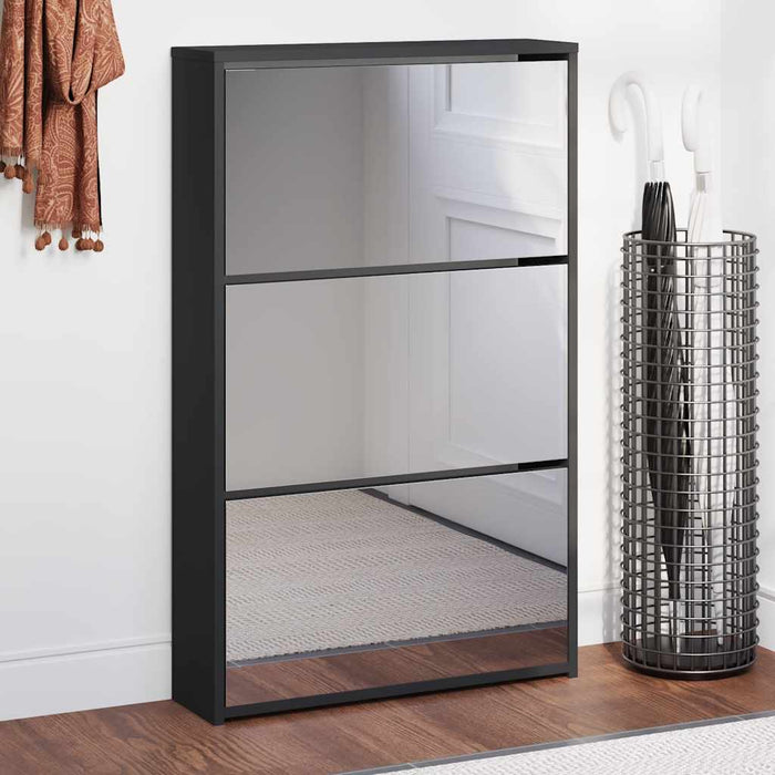 Dulap pantofi cu oglindă, 3 straturi, negru, 63x17x102,5 cm WALTI