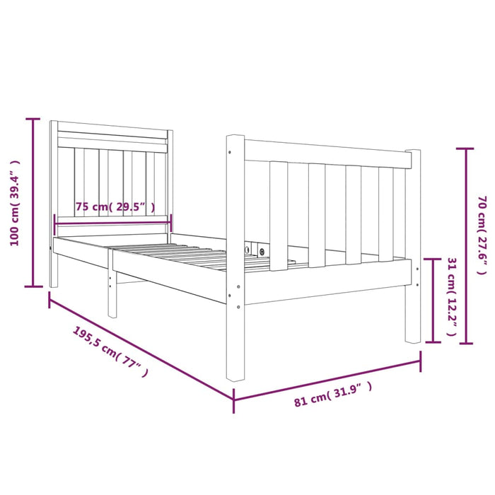 Cadru de pat mic single, negru, 75x190 cm, lemn masiv WALTI