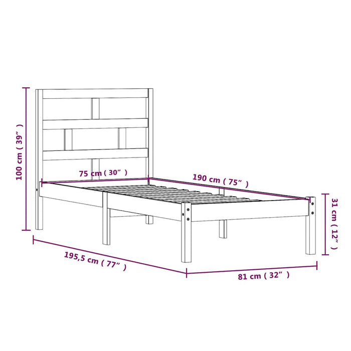 Cadru de pat mic single, 75x190 cm, lemn masiv WALTI