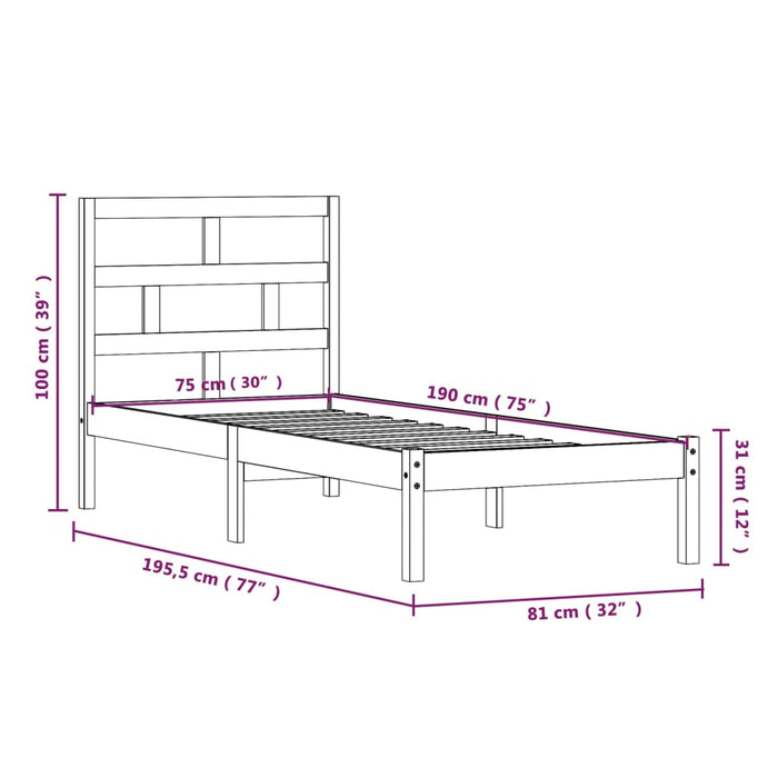 Cadru de pat mic single, negru, 75x190 cm, lemn masiv WALTI