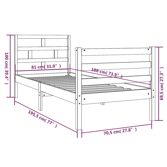 Cadru de pat mic single, 75x190 cm, lemn masiv WALTI