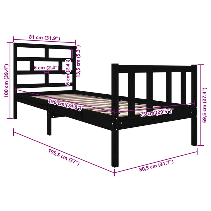 Cadru de pat mic single, negru, 75x190 cm, lemn masiv de pin WALTI