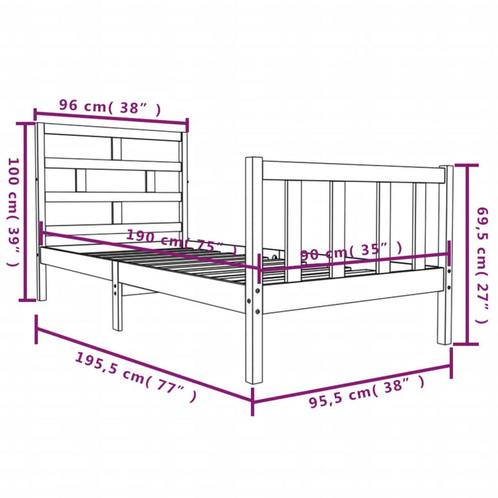 Cadru de pat single, 90x190 cm, lemn masiv de pin WALTI