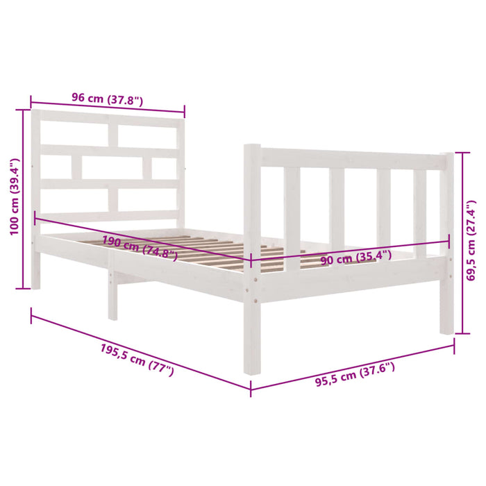 Cadru de pat single, alb, 90x190 cm, lemn masiv de pin WALTI