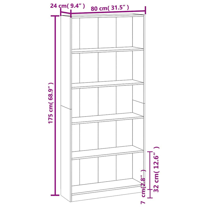 Bibliotecă 5 niveluri gri sonoma 80x24x175 cm lemn compozit WALTI