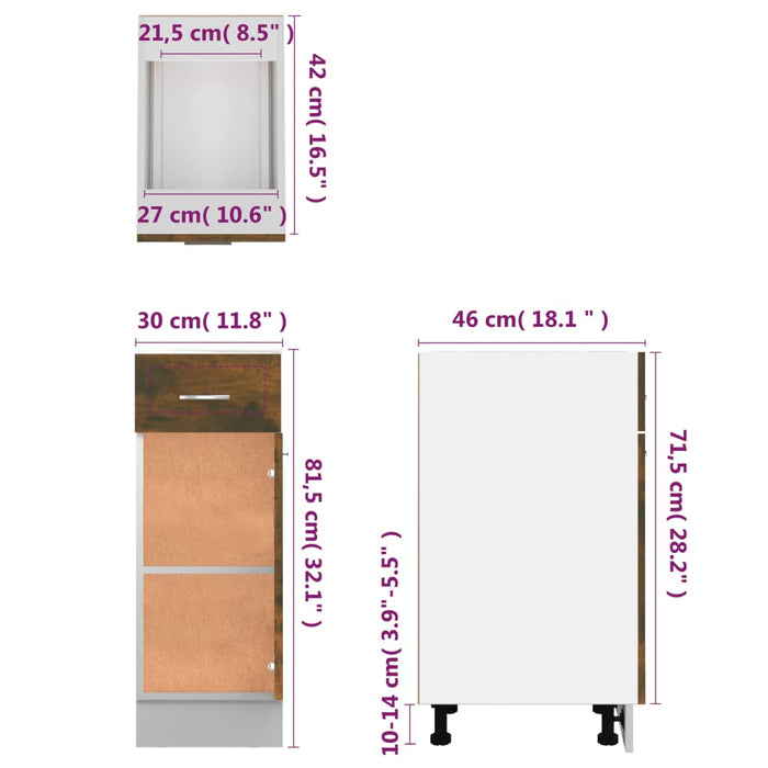 Dulap inferior cu sertar, stejar fumuriu, 30x46x81,5 cm, lemn WALTI