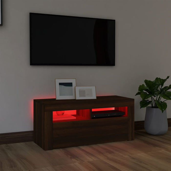 Comodă TV cu lumini LED, stejar maro, 90x35x40 cm WALTI