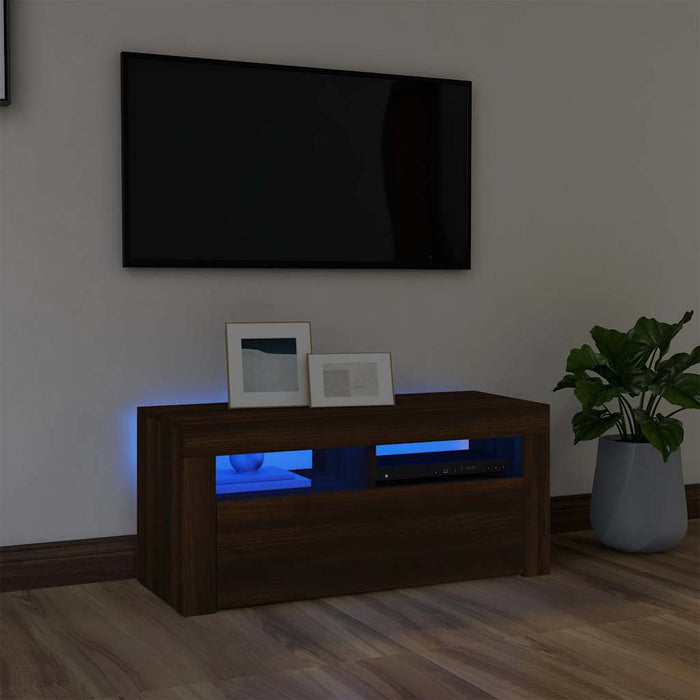 Comodă TV cu lumini LED, stejar maro, 90x35x40 cm WALTI