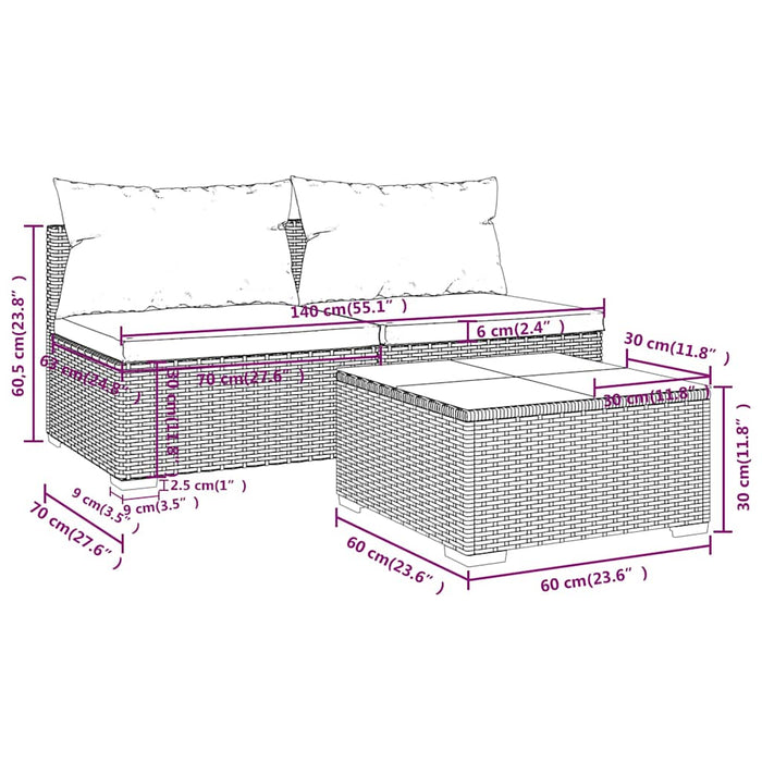 Set mobilier relaxare grădină cu perne 3 piese maro poliratan WALTI