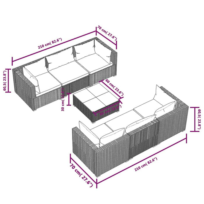 Set mobilier de grădină cu perne, 7 piese, maro, poliratan WALTI