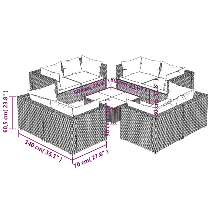 Set mobilier de grădină cu perne, 9 piese, gri, poliratan WALTI