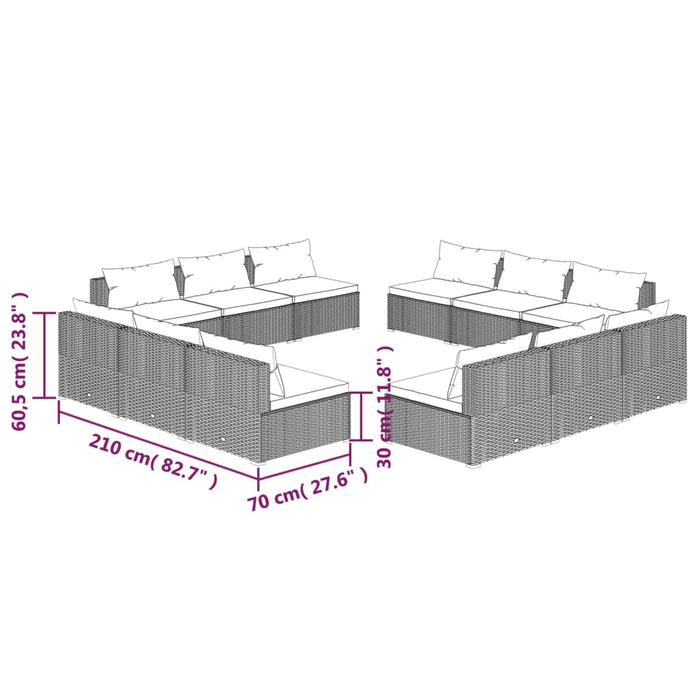 Set mobilier de grădină cu perne, 12 piese, maro, poliratan WALTI