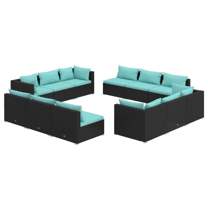 Set mobilier de grădină cu perne, 12 piese, negru, poliratan WALTI