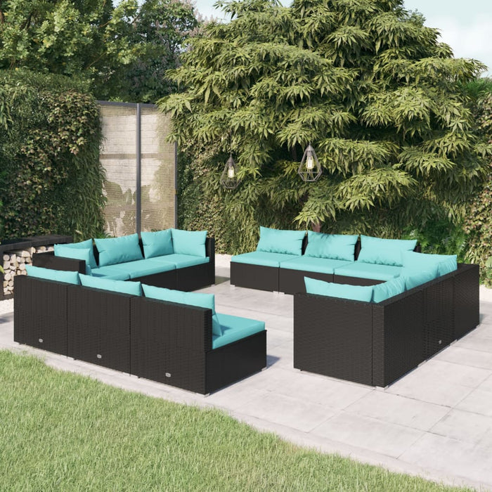 Set mobilier de grădină cu perne, 12 piese, negru, poliratan WALTI