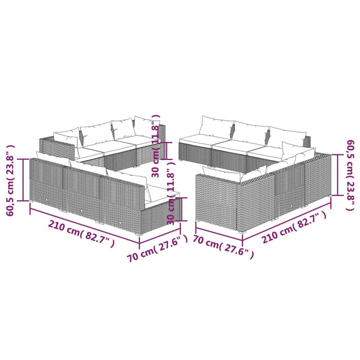 Set mobilier de grădină cu perne, 12 piese, maro, poliratan WALTI