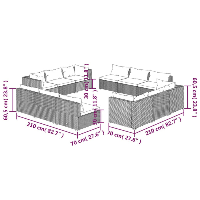 Set mobilier de grădină cu perne, 12 piese, gri, poliratan WALTI
